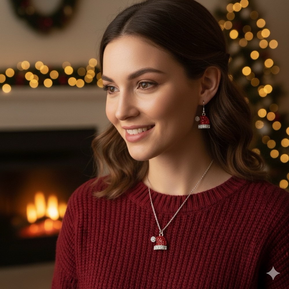 Santa Red Crystal Santa  Hat Neckla Set